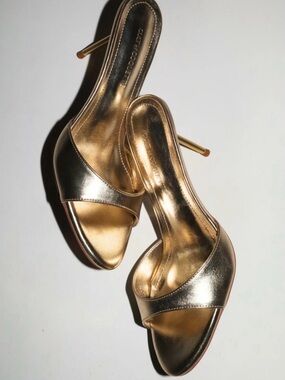 NWT Cult of Coquette Gold Metallic Open-Toe Stiletto Mules